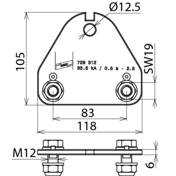 2-pole phase connecting plate with hole 13mm and 2 M12 screws with nut image 2