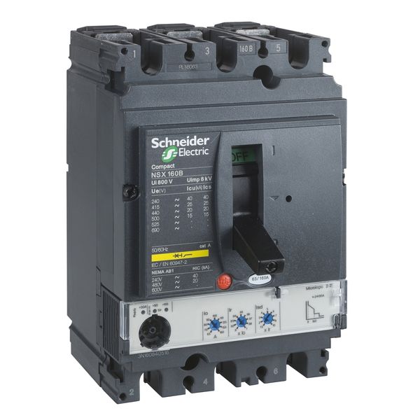 circuit breaker ComPact NSX160N, 50 kA at 415 VAC, MicroLogic 2.2 trip unit 100 A, 3 poles 3d image 3