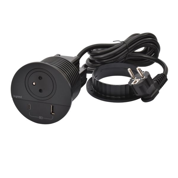 Incara Disq80 with 1 F/B socket, 1 USB A+C 15W and 1 2m cord with plug - black image 1