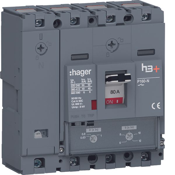 Moulded Case Circuit Breaker h3+ P160 TM ADJ 4P4D N0-100% 80A 40kA CTC image 1