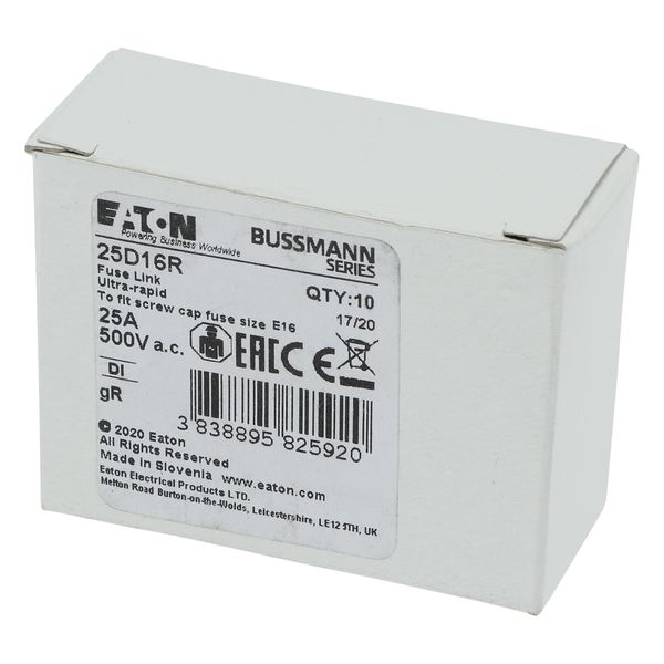 Fuse-link, LV, 25 A, AC 500 V, D1, aR, IEC, ultra rapid image 13