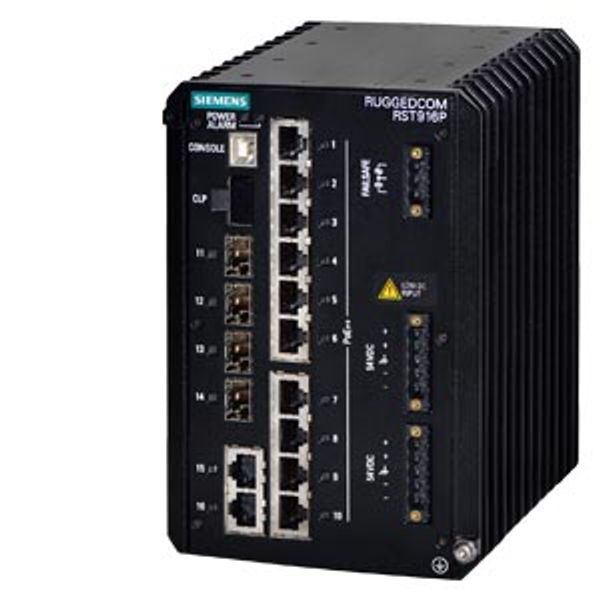 RUGGEDCOM RST916P is a 16 port industrially hardened, fully managed 10G Ethernet switch featuring integrated 60W PoE++ ports and a power budget of 420W for use in harsh industrial environments.  6GK6491-6PD00-3PN0 image 1