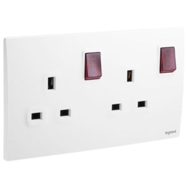 Mallia Senses - 2 gang BS switched socket outlet double pole - with LED - 13A - Matt White image 1