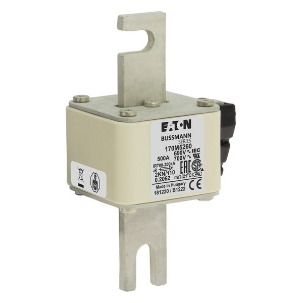 Fuse-link, high speed, 500 A, AC 690 V, DIN 2, 61 x 77 x 138 mm, aR, DIN, IEC, single indicator image 8