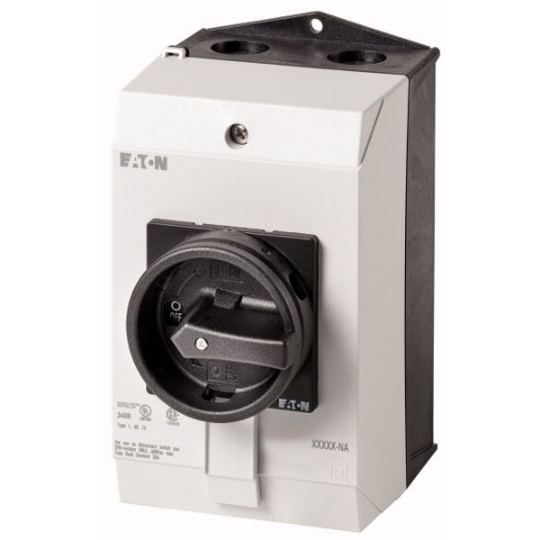 Main switch, P1, 32 A, surface mounting, 3 pole, STOP function, With black rotary handle and locking ring, UL/CSA image 1