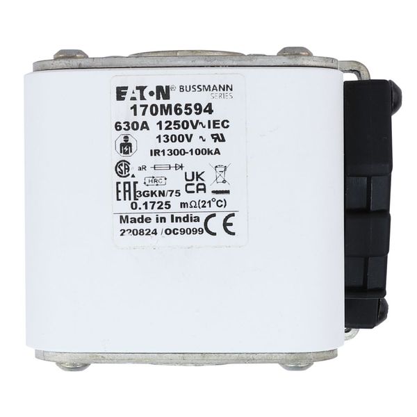 Fuse-link, high speed, 630 A, AC 1250 V, size 3, 76 x 92 x 76 mm, aR, IEC, UL, type K indicator, flush end, 13 UNC image 4