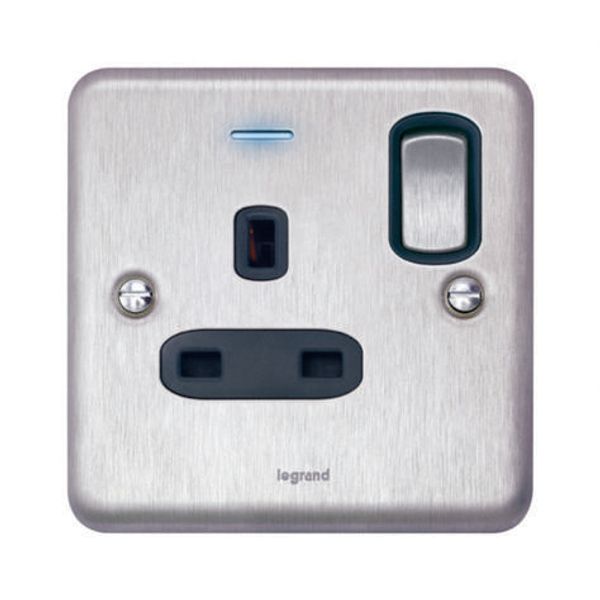 Synergy™ Authentic - 1 gang switched single pole BS socket outlet 13A + blue led power indicator Brushed Stainless steel image 1