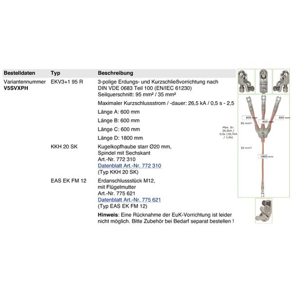 Three-pole earthing and short-circuiting cable 95mm² with crimped cabl image 1