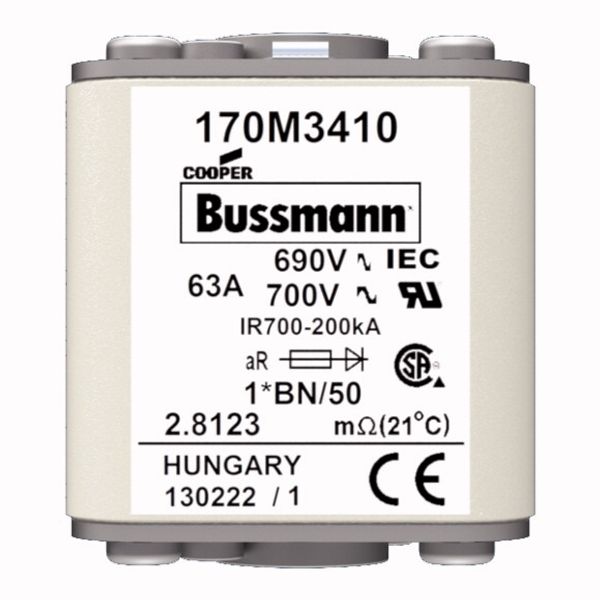 Fuse-link, high speed, 63 A, AC 690 V, compact size 1, 45 x 59 x 51 mm, aR, IEC, UL, single indicator, flush end, M8 image 11