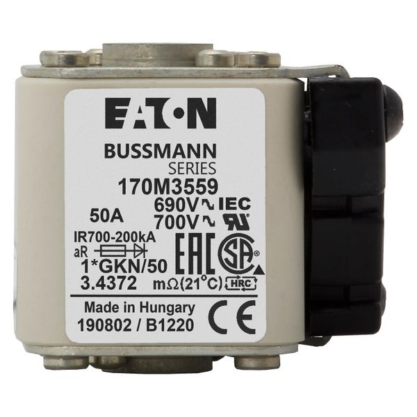 Fuse-link, high speed, 50 A, AC 690 V, compact size 1, 45 x 59 x 51 mm, aR, IEC, UL, type K indicator, 18 UNC image 22