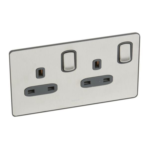 Synergy Sleek 2 Gang 13A Double Pole Switched Socket Outlet Brushed Stainless Steel image 1