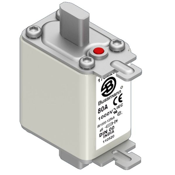 Fuse-link, high speed, 80 A, AC 1000 V, DIN 00, aR, DIN, IEC, single indicator, live gripping lugs image 2