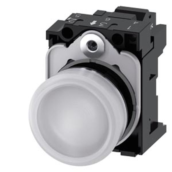 Indicator lights, 22 mm, round, metal, shiny, white, lens, smooth, with holder, LED  3SU1152-6AA60-3AA0-Z X90 image 1