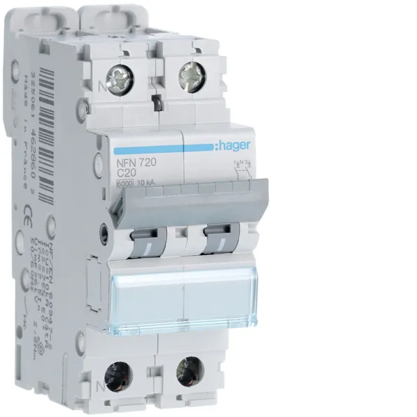 Circuit Breaker 1P+N 20A C 6/10kA 2M image 1