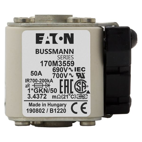 Fuse-link, high speed, 50 A, AC 690 V, compact size 1, 45 x 59 x 51 mm, aR, IEC, UL, type K indicator, 18 UNC image 12