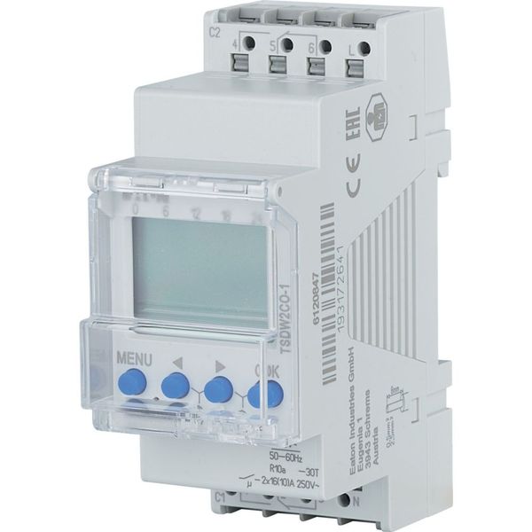 Digital Timeswitch, DIN rail 2 TE, weekly program, 2 channels, changeover contact, push terminals image 4