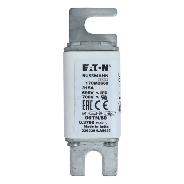 Fuse-link, high speed, 315 A, AC 690 V, DIN 00, aR, DIN, IEC, single indicator, live gripping lugs image 23