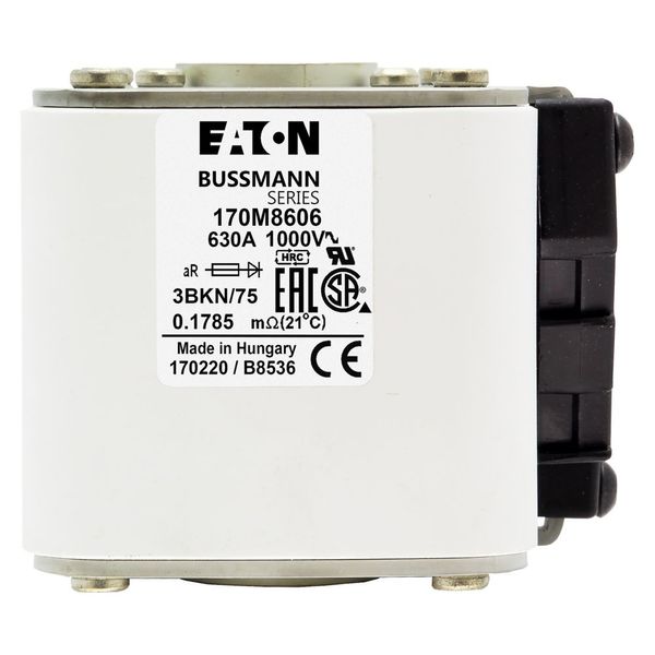 Fuse-link, high speed, 630 A, AC 1000 V, size 3, 74 x 92 x 76 mm, aR, IEC, UL, single indicator image 8