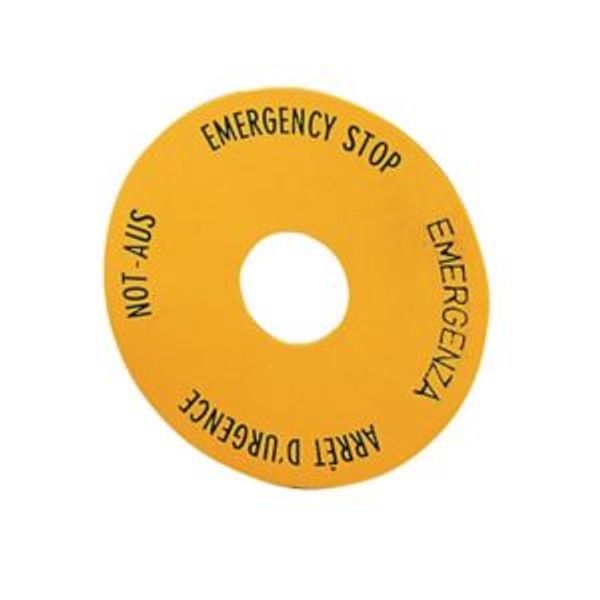 Emergency-Stop label, Yellow, black lettering, Round, 60 mm, de, en, fr, it, Front dimensions 25 × 25 mm image 2