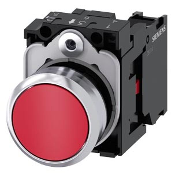 Pushbutton, 22 mm, round, metal, shiny, red, pushbutton, flat, momentary contact type, with holder, 1 NC,  3SU1150-0AB20-1CA0-Z Y10 image 1