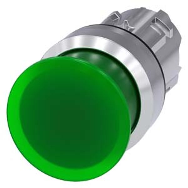 Illuminated mushroom pushbutton, 22 mm, round, metal, shiny, green, 30 mm, momentary contact type,  3SU1051-1AD40-0AA0-Z Y15 image 1