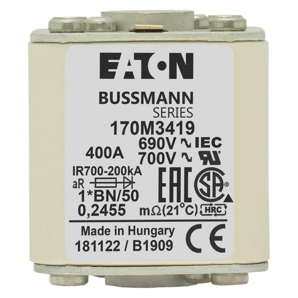 Fuse-link, high speed, 400 A, AC 690 V, compact size 1, 45 x 59 x 51 mm, aR, IEC, UL, single indicator, flush end, M8 image 22