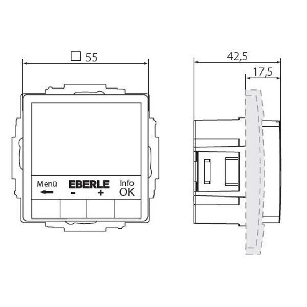 Concealed clock thermostat for controlling electrical temperature control systems, RAL9016 glossy 55x55, AC 230V, 1 NO contact 16 A, white backlighting image 2