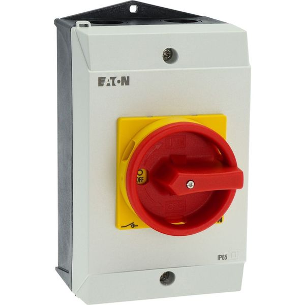 Main switch, P1, 25 A, surface mounting, 3 pole + N, Emergency switching off function, With red rotary handle and yellow locking ring, Lockable in the image 52