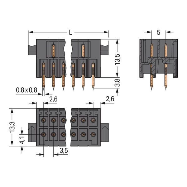 THT male header, 2-row 0.8 x 0.8 mm solder pin straight black image 3