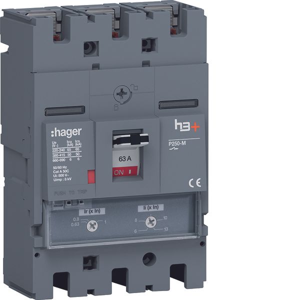 Moulded Case Circuit Breaker h3+ P250 TM ADJ 3P3D 63A 50kA FTC image 1