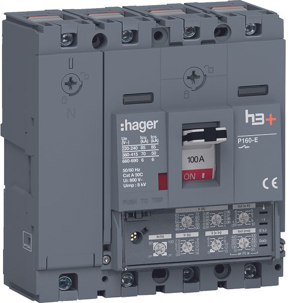 Moulded Case Circuit Breaker h3+ P160 LSI 4P4D N0-50-100% 100A 70kA CT image 1
