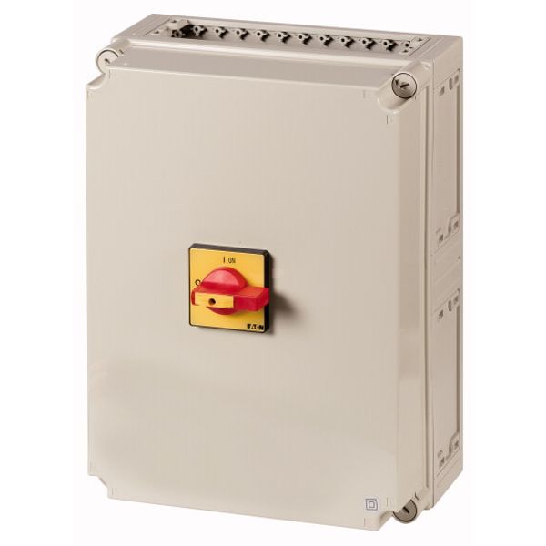 Main switch, T6, 160 A, surface mounting, 6 contact unit(s), 6 pole, 1 N/O, 1 N/C, Emergency switching off function, With red rotary handle and yellow image 1