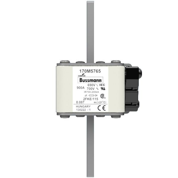 Fuse-link, high speed, 900 A, AC 690 V, size 2, 61 x 77 x 135 mm, aR, IEC, UL, type K indicator, 115 mm centres image 1