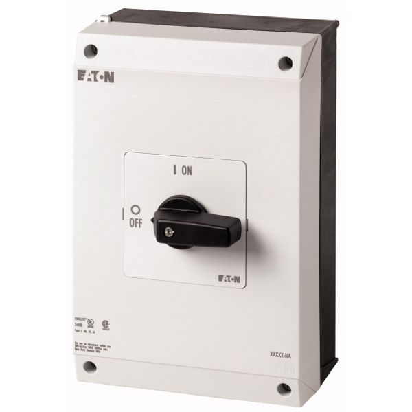 On-Off switch, P3, 63 A, surface mounting, 3 pole, with black thumb grip and front plate, UL/CSA image 1