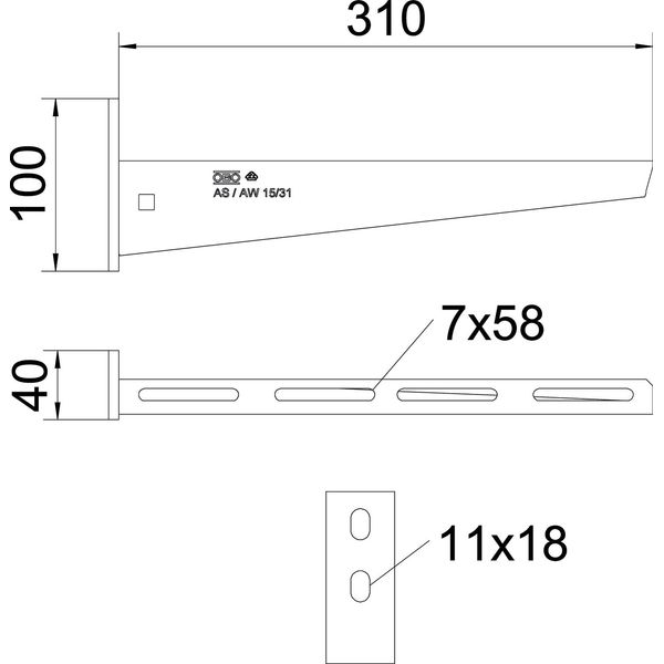 AW 15 31 FT 2L Wall and support bracket with 2 fastening holes B310mm image 2