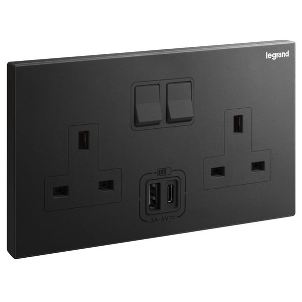 Galion 2 gang BS switched single pole socket outlet - 13A - with 3A type-A and type-C USB chargers - matt black image 1