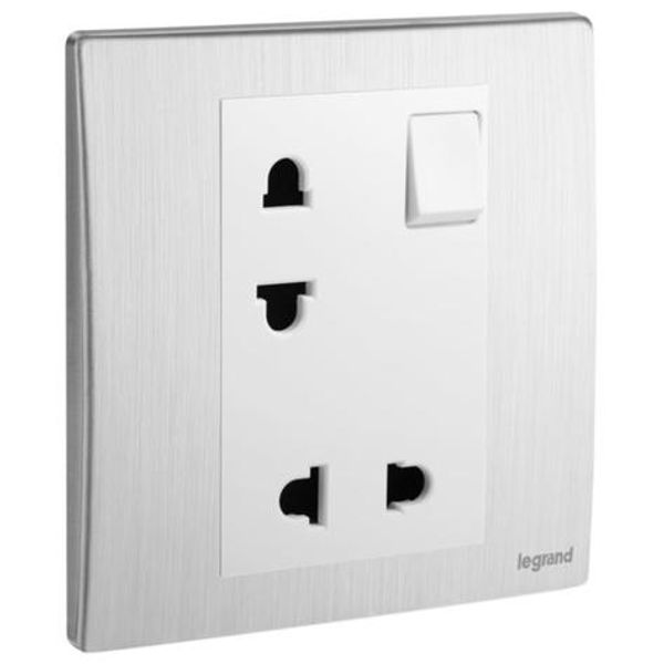 Mallia Senses - 1 gang EURO/US switched socket outlet - 16A - 2 x 2 poles - Brushed Aluminium image 1