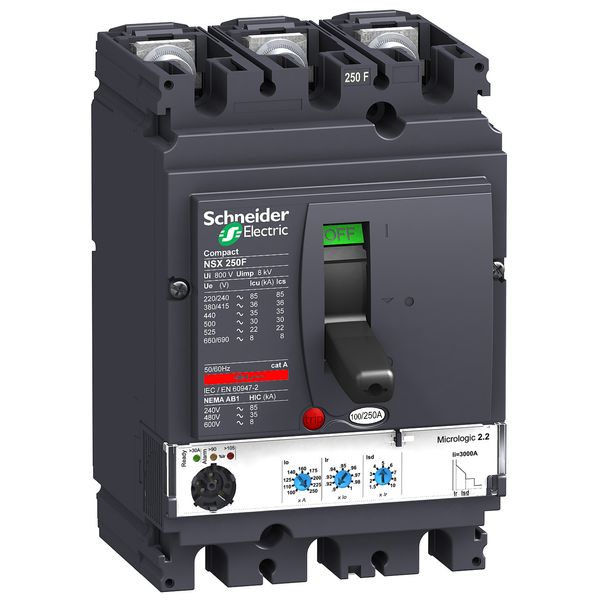 circuit breaker ComPact NSX250F, 36 kA at 415 VAC, MicroLogic 2.2 M trip unit 220 A, 3 poles 3d image 1