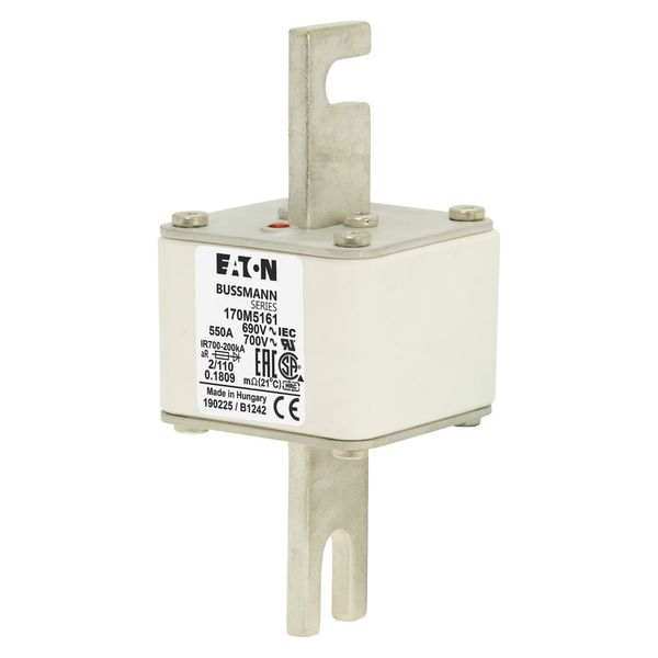 Fuse-link, high speed, 550 A, AC 690 V, DIN 2, 61 x 61 x 108 mm, aR, DIN, IEC, single indicator, 110 mm centres image 5