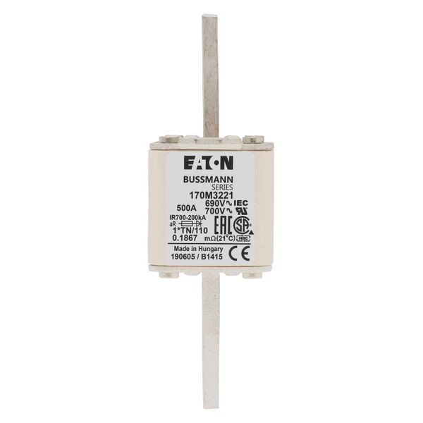 Fuse-link, high speed, 500 A, AC 690 V, compact DIN 1, 45 x 58 x 134 mm, aR, DIN, IEC, single indicator, 80 mm centres image 6