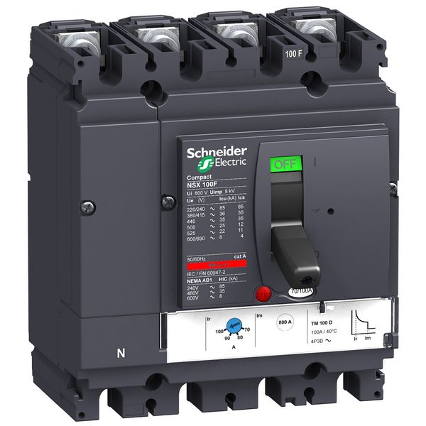 circuit breaker ComPact NSX100F, 36 kA at 415 VAC, TMD trip unit 100 A, 4 poles 3d image 3