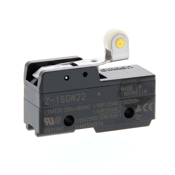 General purpose basic switch, short hinge steel roller lever, SPDT, 15 image 1