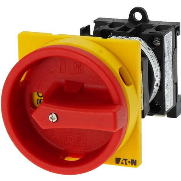 Main switch, T0, 20 A, rear mounting, 1 contact unit(s), 2 pole, Emergency switching off function, With red rotary handle and yellow locking ring, Loc image 5