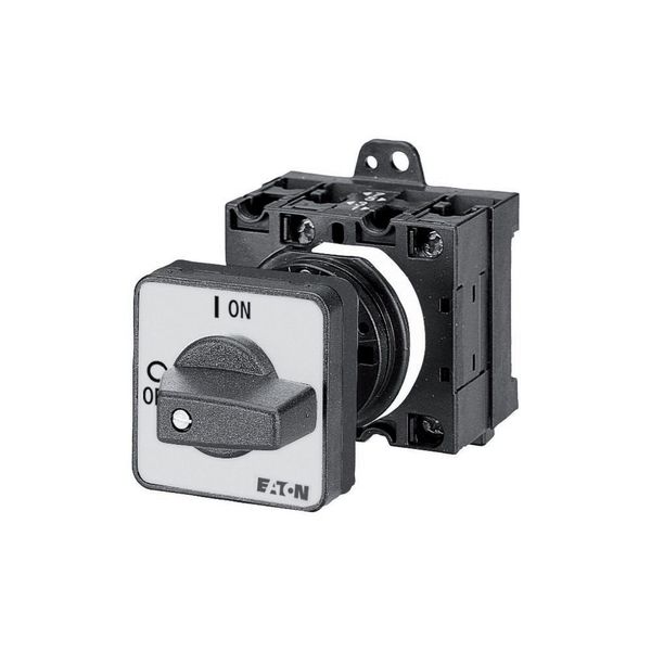 On-Off switch, T0, 20 A, rear mounting, 3 contact unit(s), 3 pole, 2 N/O, 1 N/C, with black thumb grip and front plate image 1