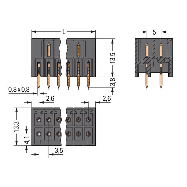 THT male header, 2-row 0.8 x 0.8 mm solder pin straight black image 4