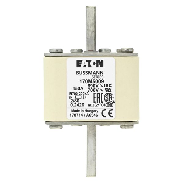 Fuse-link, high speed, 450 A, AC 690 V, DIN 2, 61 x 61 x 108 mm, aR, DIN, IEC, single indicator, 80 mm centres image 7