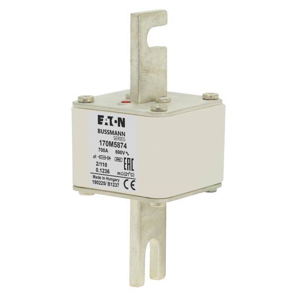 Fuse-link, high speed, 700 A, AC 690 V, size 2, 61 x 75 x 140 mm, aR, DIN, IEC, single indicator image 12