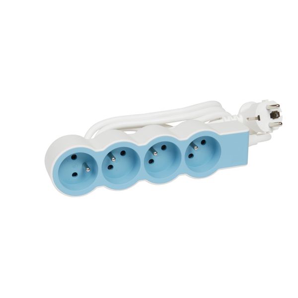 Extra-flat power strip extension equipped with 4 2P+E 16A 3680W sockets with 1.5m length cord - white and blue image 1