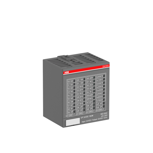 Digital/analog I/O module. 16 DI: 24VDC. 4 AI: U, I, RTD. 2 AO: U, I. 8 configurable DI/DO: 24VDC 0.5A (DA501) image 1