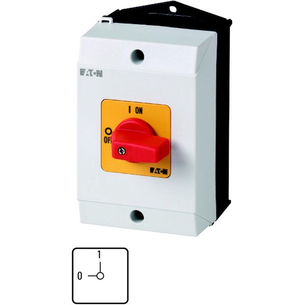 On-Off switch, T0, 20 A, surface mounting, 1 contact unit(s), 1 pole, Emergency switching off function, with red thumb grip and yellow front plate image 5